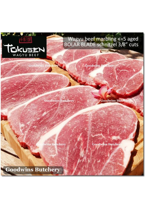 Beef blade BOLAR BLADE WAGYU TOKUSEN marbling <=5 (sampil) aged frozen portioned schnitzel cuts 3/8" 1cm (price/pack 600g 3-4pcs)